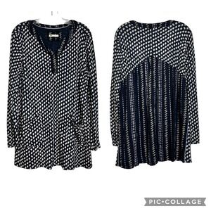White Stuff Navy‎ Print Long Sleeve V Neck Button Pocket Tunic Dress Top Boho
